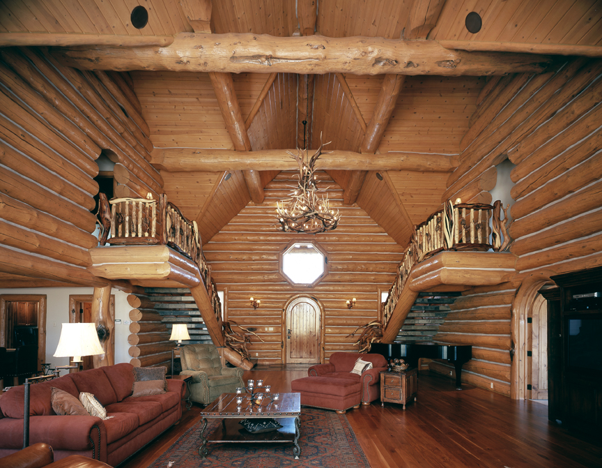 An interior of a log home