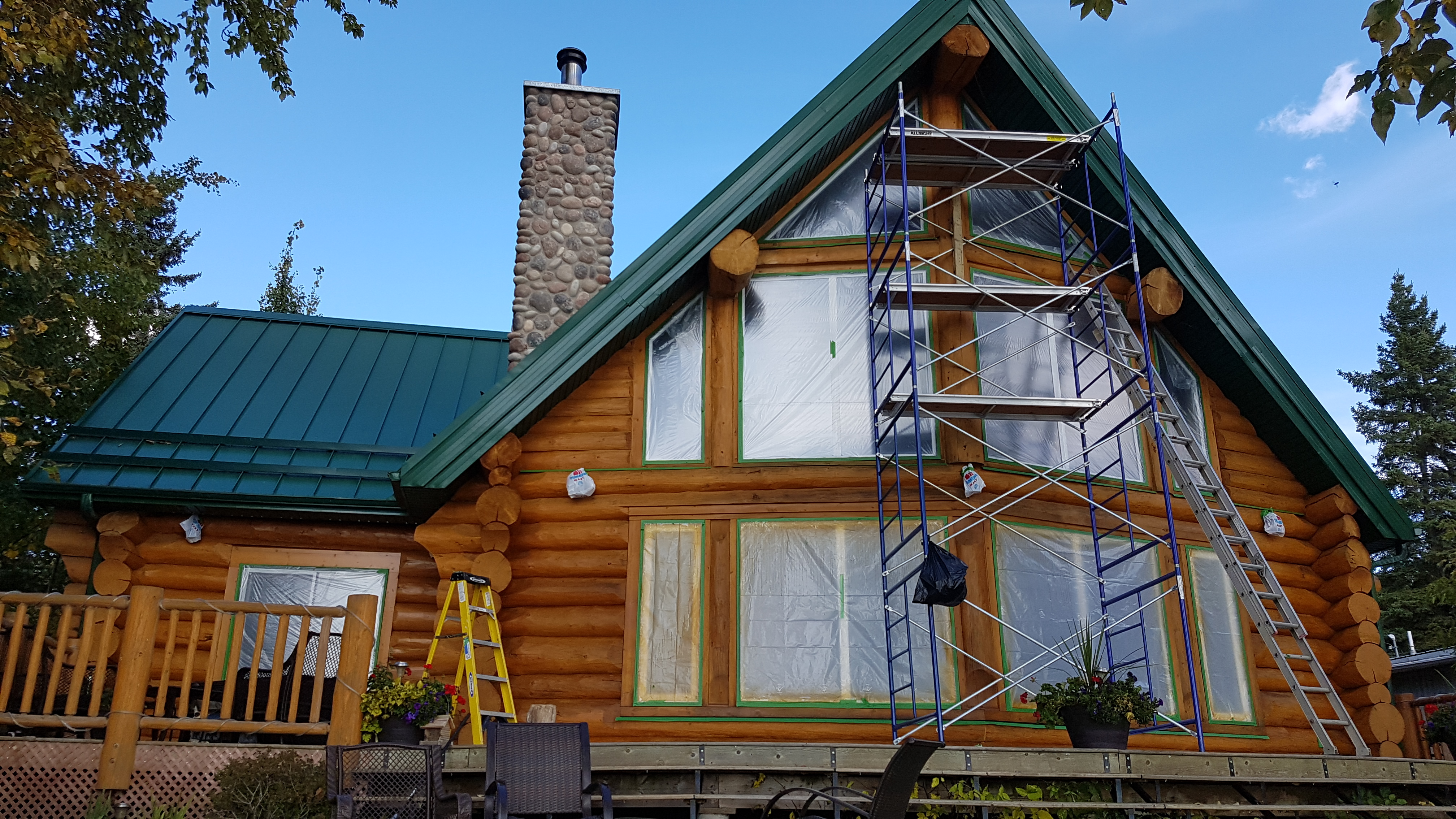 Scaffolding outside of the log home