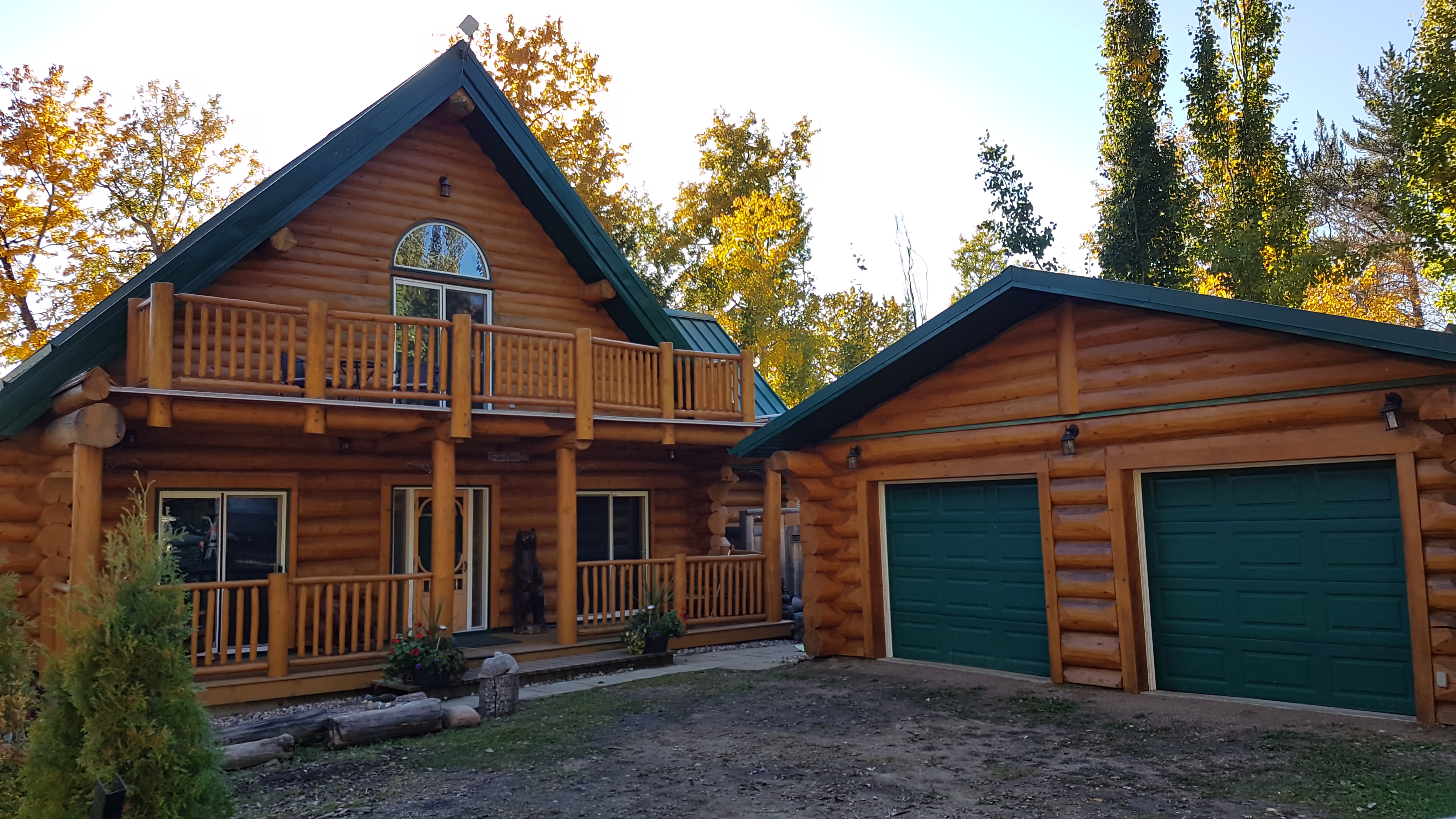 A log home exterior and garage