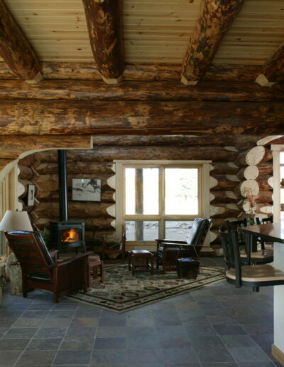 A log home fireplace area